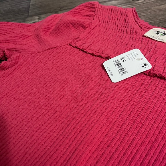 Free People Smocked Knit Top Ribbed Short Sleeve Tee Red XS - Picture 5 of 5